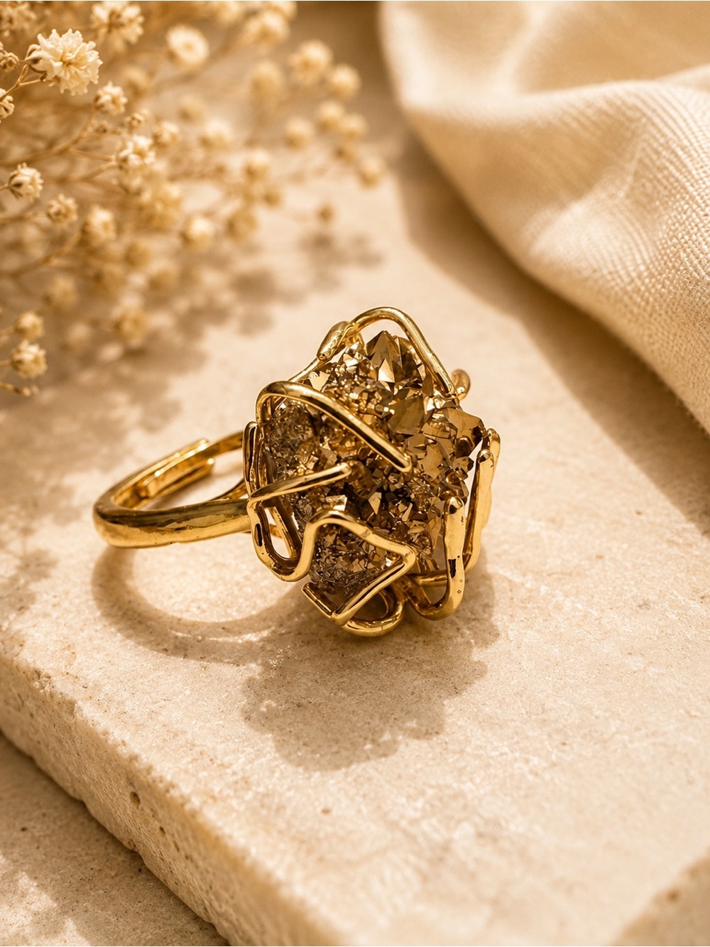 Natural Quartz Druzy Cluster Statement Ring - Women Jewelry